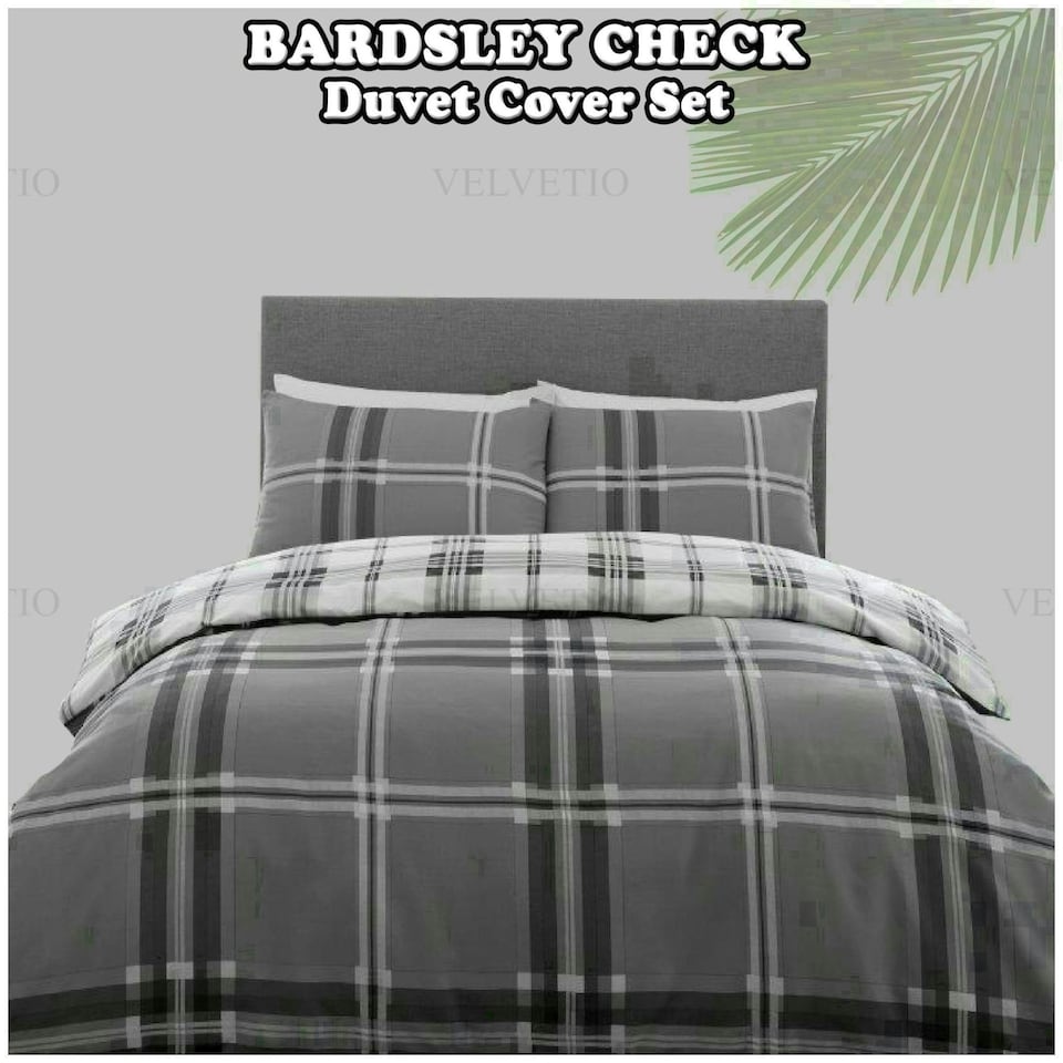 image 1 of VELVETIO Bardsley Check Printed Duvet Cover Set Reversible Polycotton Beddings Grey | King