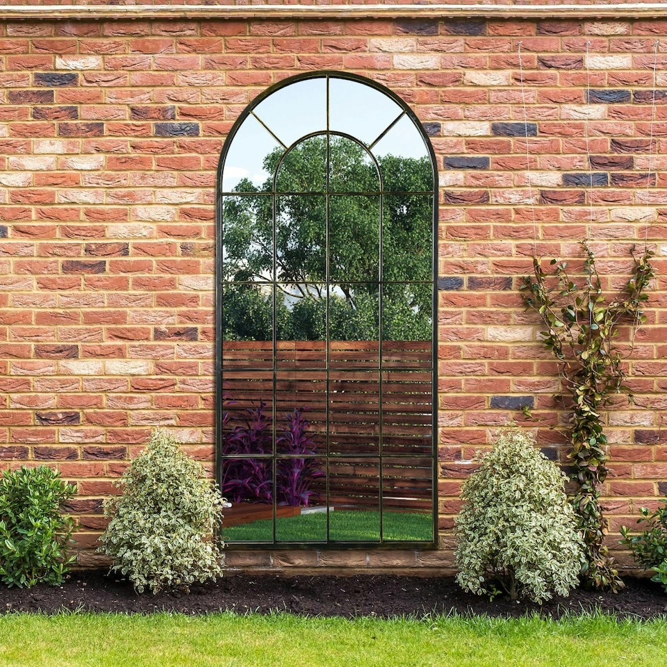 image 1 of The Arcus - Antique Black Framed Arched Window Garden Mirror 71"x33.5" 180x85CM | Black