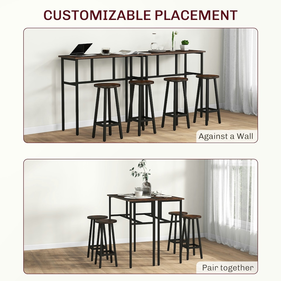 image 1 of HOMCOM 6-Piece Industrial Bar Table Set, 2 Kitchen Tables with 4 Stools, Brown