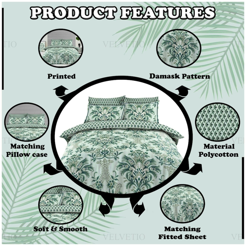 image 1 of VELVETIO Marilyn Complete Duvet Cover Set with Fitted Sheet Soft Printed Bedding Bedset Green | King