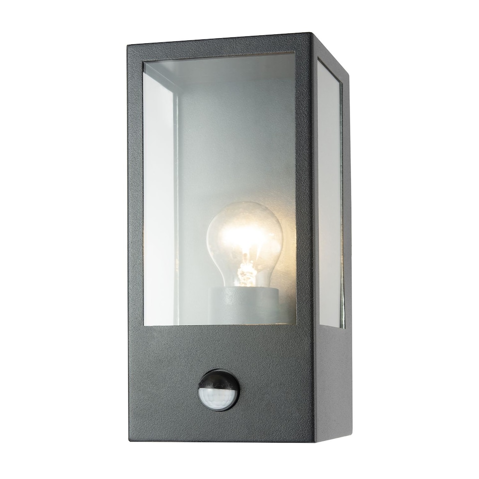 image 1 of Modern Outdoor PIR Sensor Wall Light Fitting with Box Lantern Shape IP44 Rated | Black | Black | 1