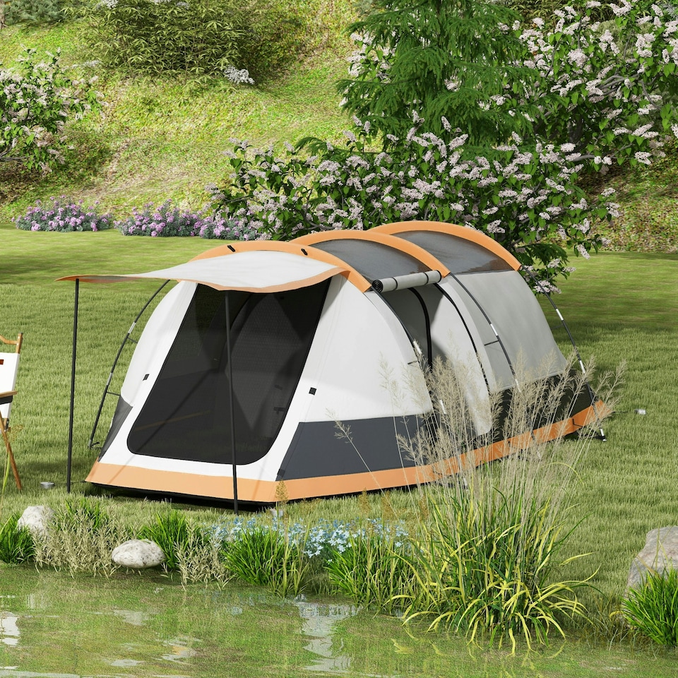 image 1 of Outsunny Tunnel Tent with Bedroom, Living Room and Porch for 3-4 Man, Green