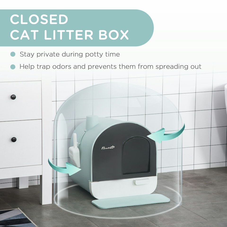image 1 of PawHut Cat Litter Box Kitten Litter Tray w/ Lid, Scoop, Filter, Flap Door