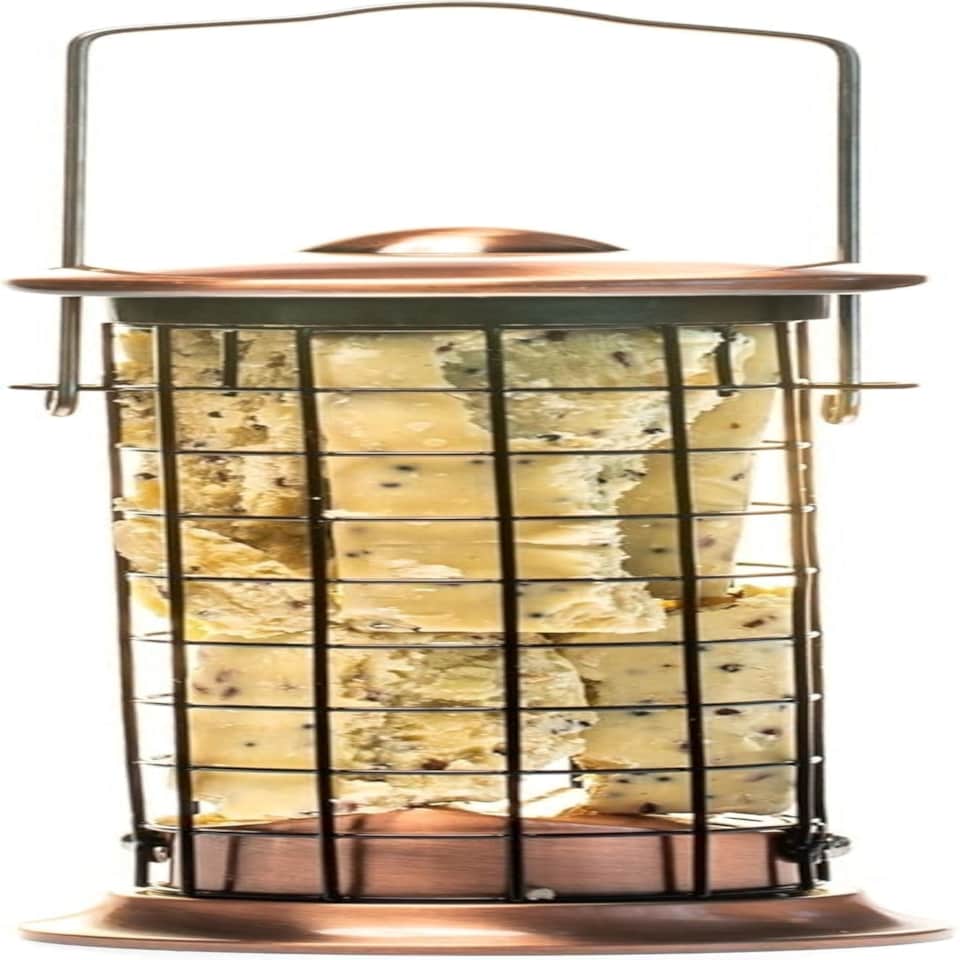image 1 of Walter Harrison's Copper Plated Die Cast Wild Bird Suet Roll and Fat Ball Hanging Feeder