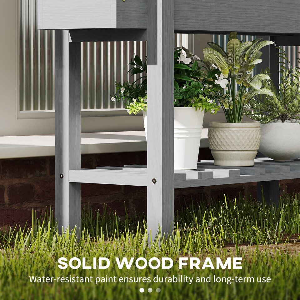 image 1 of Outsunny Wooden Raised Bed w/ Bed Liner, Drainage Holes, Storage Shelf, Grey