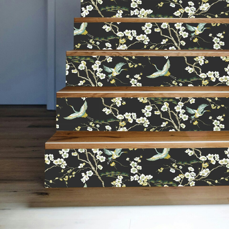image 1 of Transform Peel & Stick Oriental Heron Floral Black Self-Adhesive Wallpaper Black | White