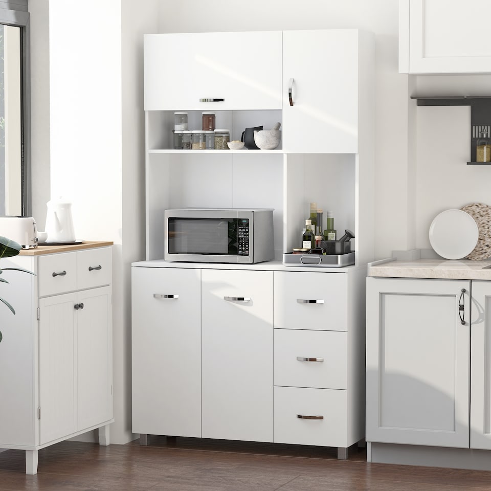 image 1 of HOMCOM Kitchen Cupboard, 183cm Tall Storage Cabinet with Countertop, Sideboard with 3 Small Drawers, Flip Up Top Door, 3 Cabinet Doors and Open Shelves, 100W x 39.5D x 183.5H cm, White