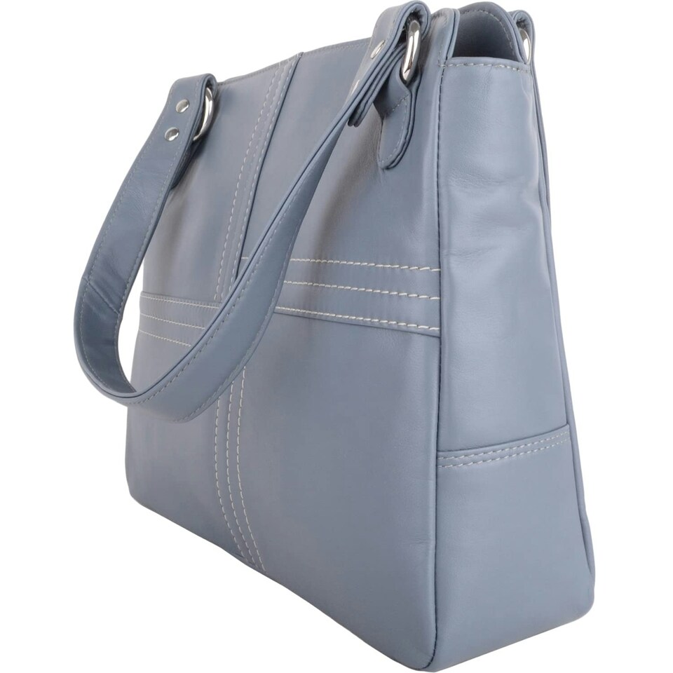 image 1 of Large Genuine Soft Leather Shoulder Contrast Stitch Handbag Blue | Denim