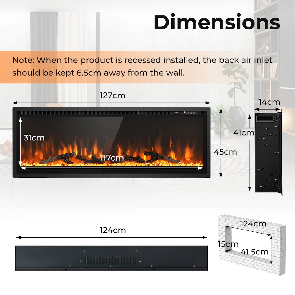 image 1 of COSTWAY 50 Inch Electric Fireplace Linear Fireplace Black