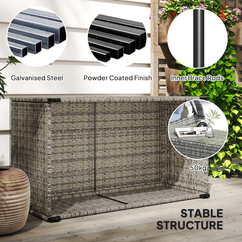 image 1 of Outsunny Outdoor Coffee Table, Glass Top Rattan Side Table, Dark Grey