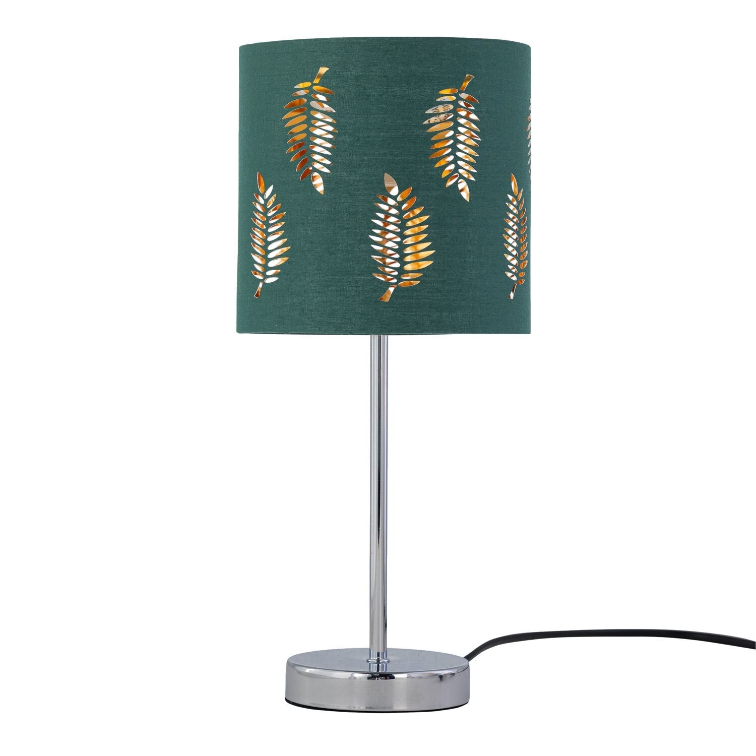 First Choice Lighting Chrome Stick Table Lamp with Dark Green Fern Cut Out Shade in Silver