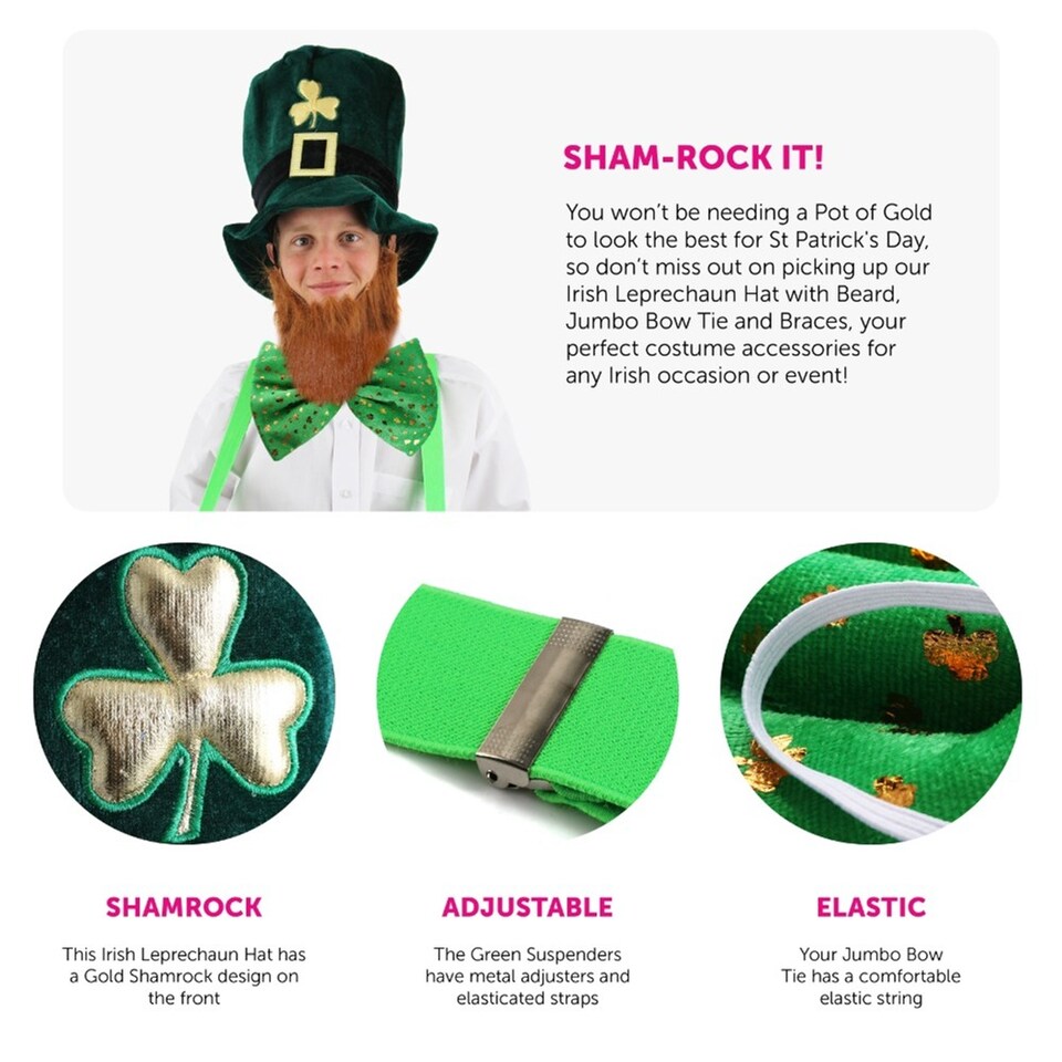 image 1 of Irish Leprechaun Hat, Bow Tie + Braces | Green | 4