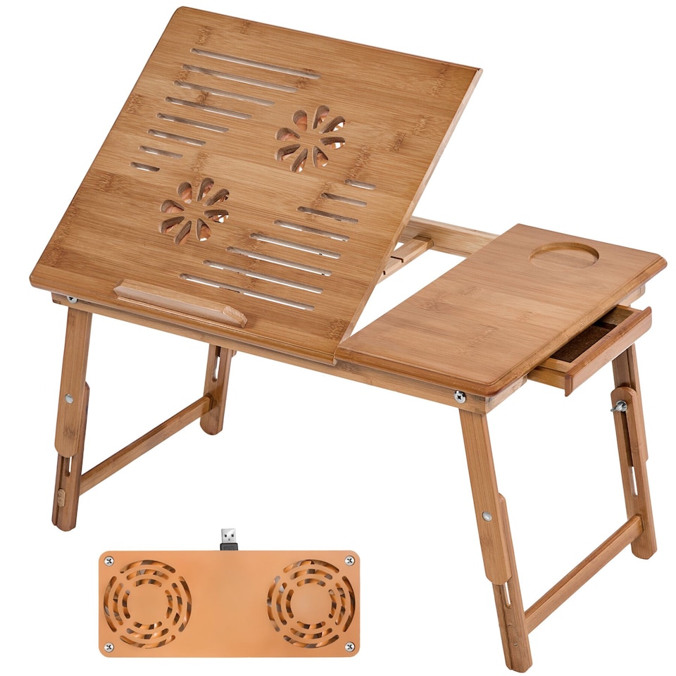 image 1 of Laptop Stand - 4 angles of inclination, with drawer, storage space, USB dual fan, 55 x 35 x 26 cm