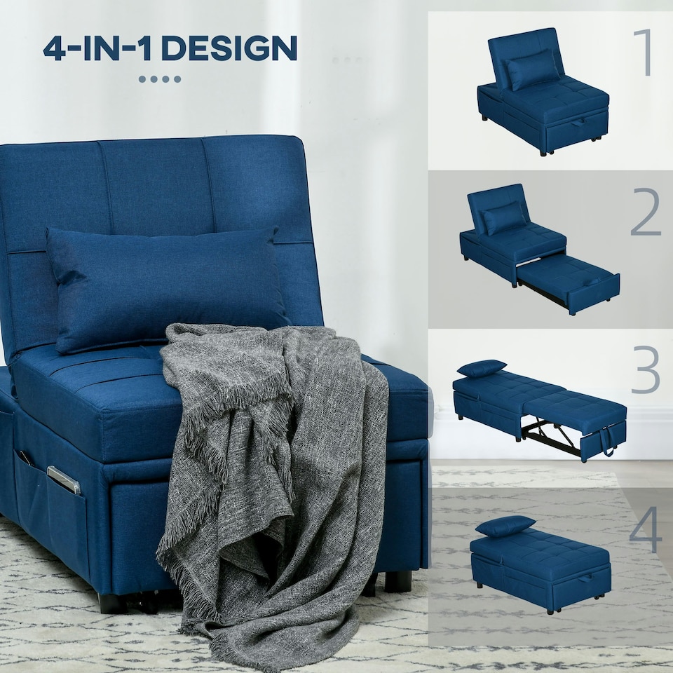 image 1 of HOMCOM Folding Sofa Bed Adjustable Single Sleeper w/ Pillow Side Pocket, Blue