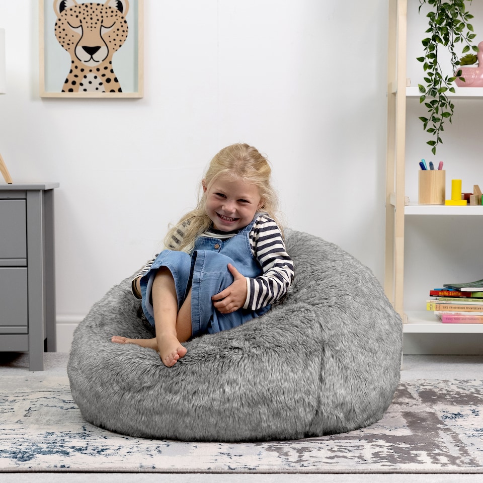image 1 of Kids Classic Faux Fur Bean Bag Chair Arctic Wolf Grey Bean Bags for Children | Grey | Arctic Wolf Grey | 1