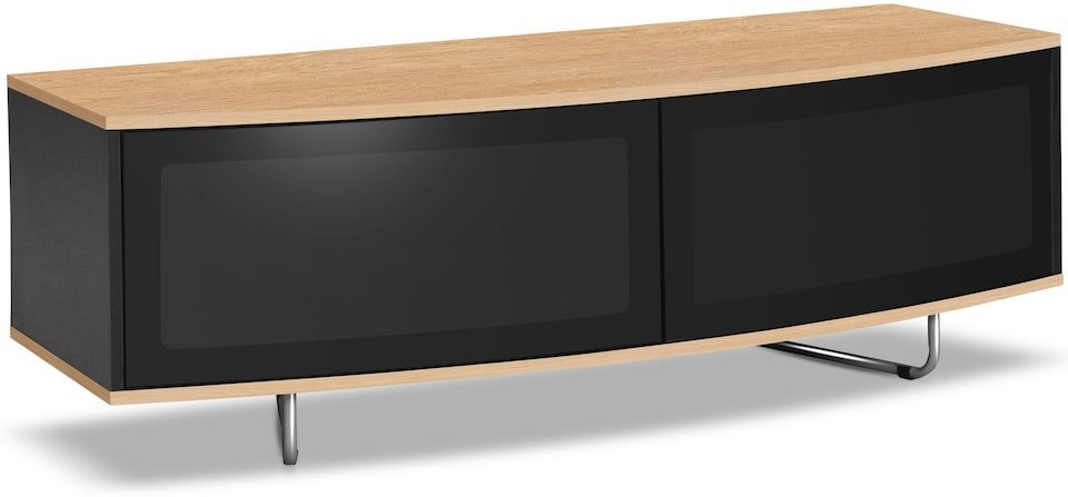 image 1 of Centurion Supports Caru Gloss Black and Oak Beam-Thru Remote Friendly Super-Contemporary "D" Shape Design 32"-65" LED/OLED/LCD TV Cabinet | Black | Oak | 1