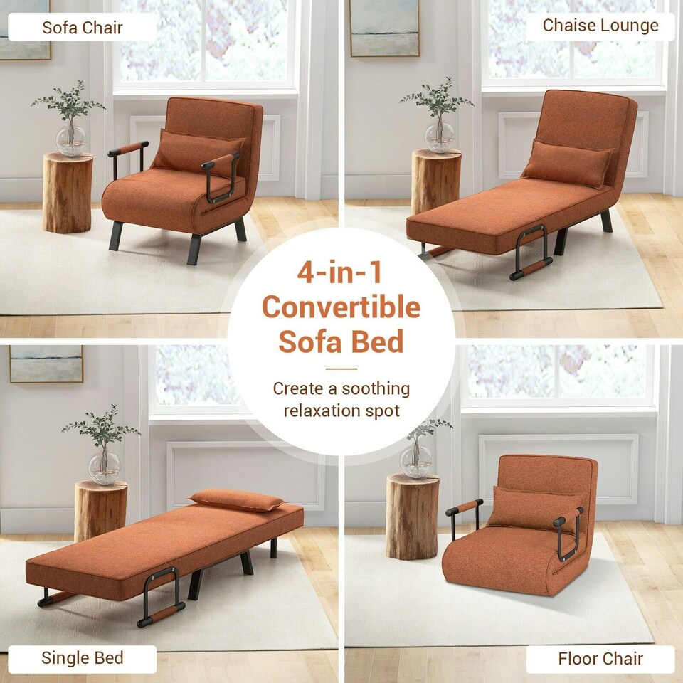 image 1 of COSTWAY Convertible Single Folding Sofa Bed Sleep Chair Brown Brown