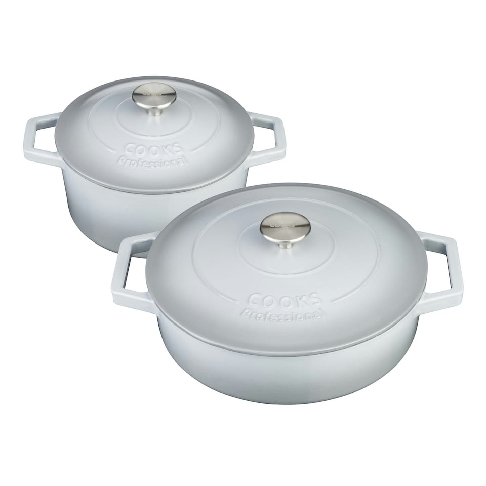 image 1 of Cooks Professional Cast Iron Casserole Set of 2 | 20cm and 28cm | Enamelled Inside and Out | Graduated Grey