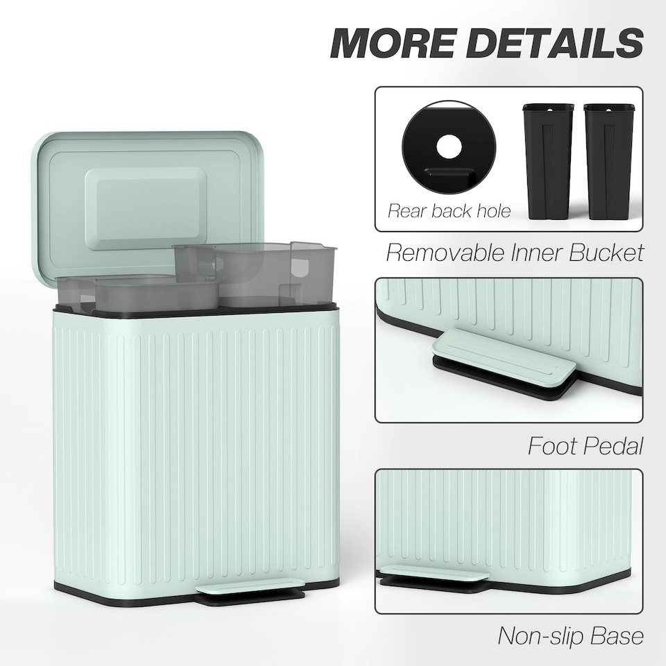 image 1 of HOMCOM 2 x 20L Double Rubbish Bin, Pedal Bin with Soft-Close Lid Green | 40L