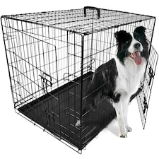 DogCrates+ 36-Inch Large Dog Crate with Twin Doors, Foldable Non-Chew Metal Frame & Removable Tray – Black Black | L