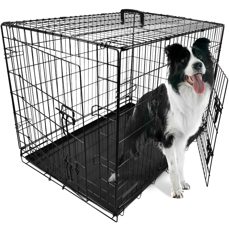 image 1 of DogCrates+ 36-Inch Large Dog Crate with Twin Doors, Foldable Non-Chew Metal Frame & Removable Tray – Black Black | L