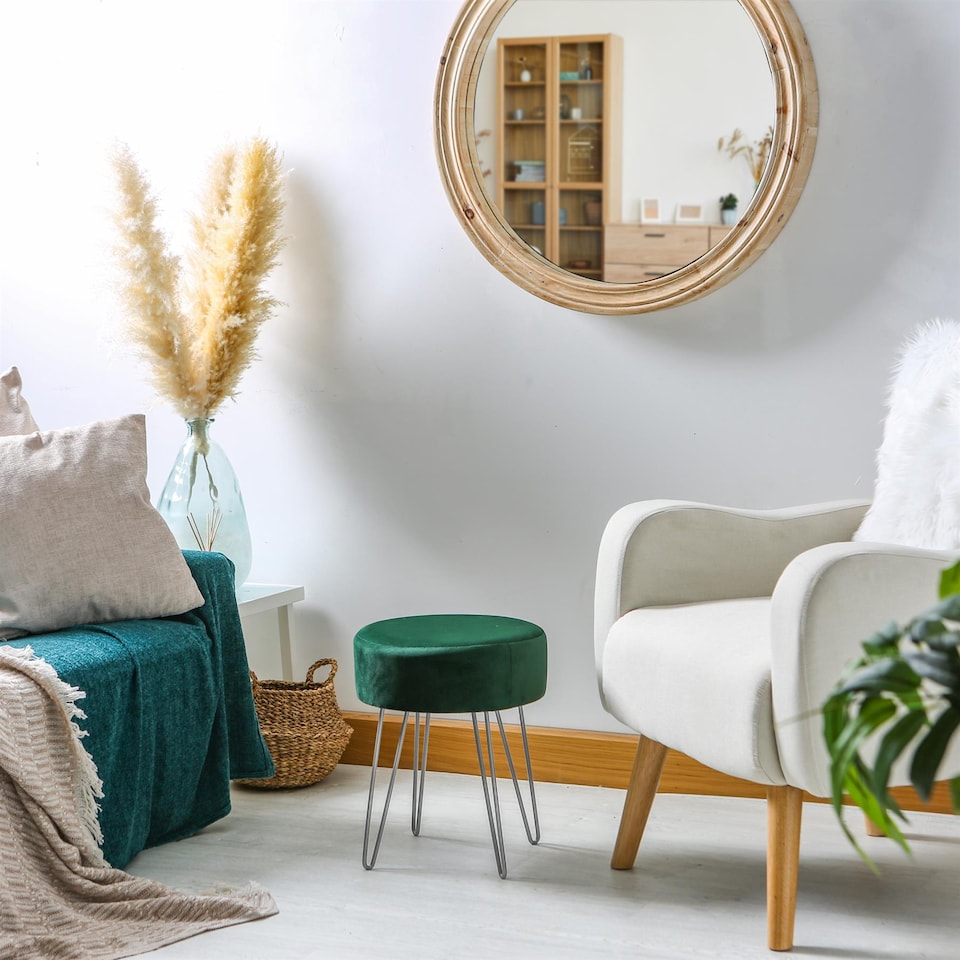 image 1 of Harbour Housewares Velvet Footstool - Round Modern Dressing Table Footstool Vanity Seat Chairs - 40 x 35cm - Green/Silver | Green | Green/Silver | Pack of 1 | 1