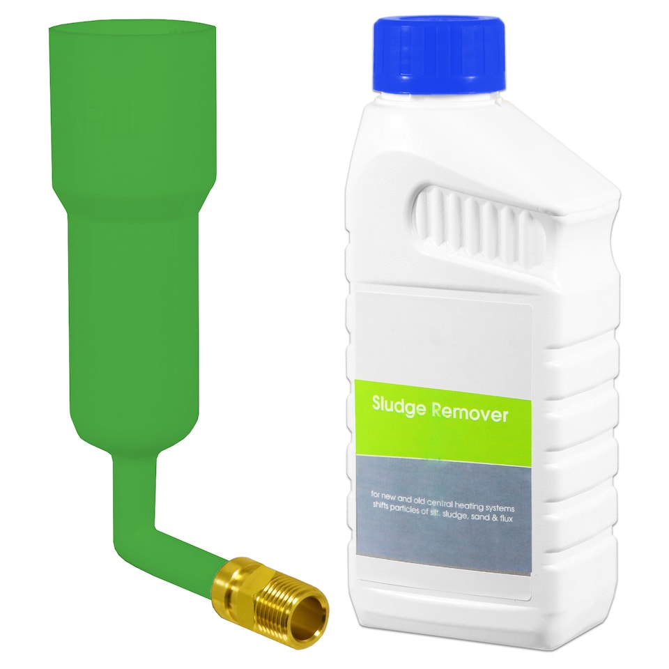 image 1 of SPARES2GO Central Heating Sludge Remover Concentrate Boiler Pipes Liquid (500ml Bottle) + Radiator Dosing Funnel Tool