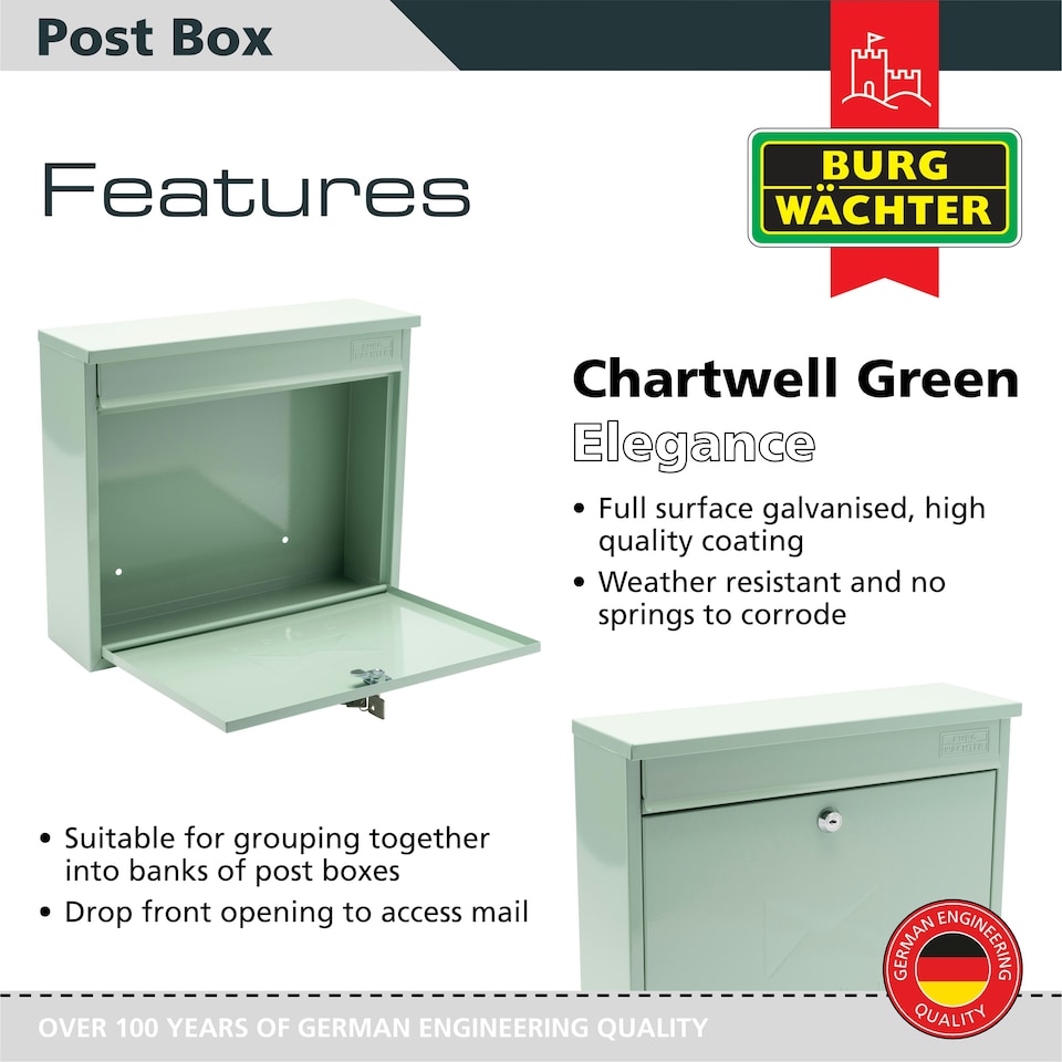 image 1 of Burg-Wachter Elegance Wall Mounted Galvanised Stell Lockable Weatherproof Ppost Box - 36x31x11cm Green | Chartwell Green