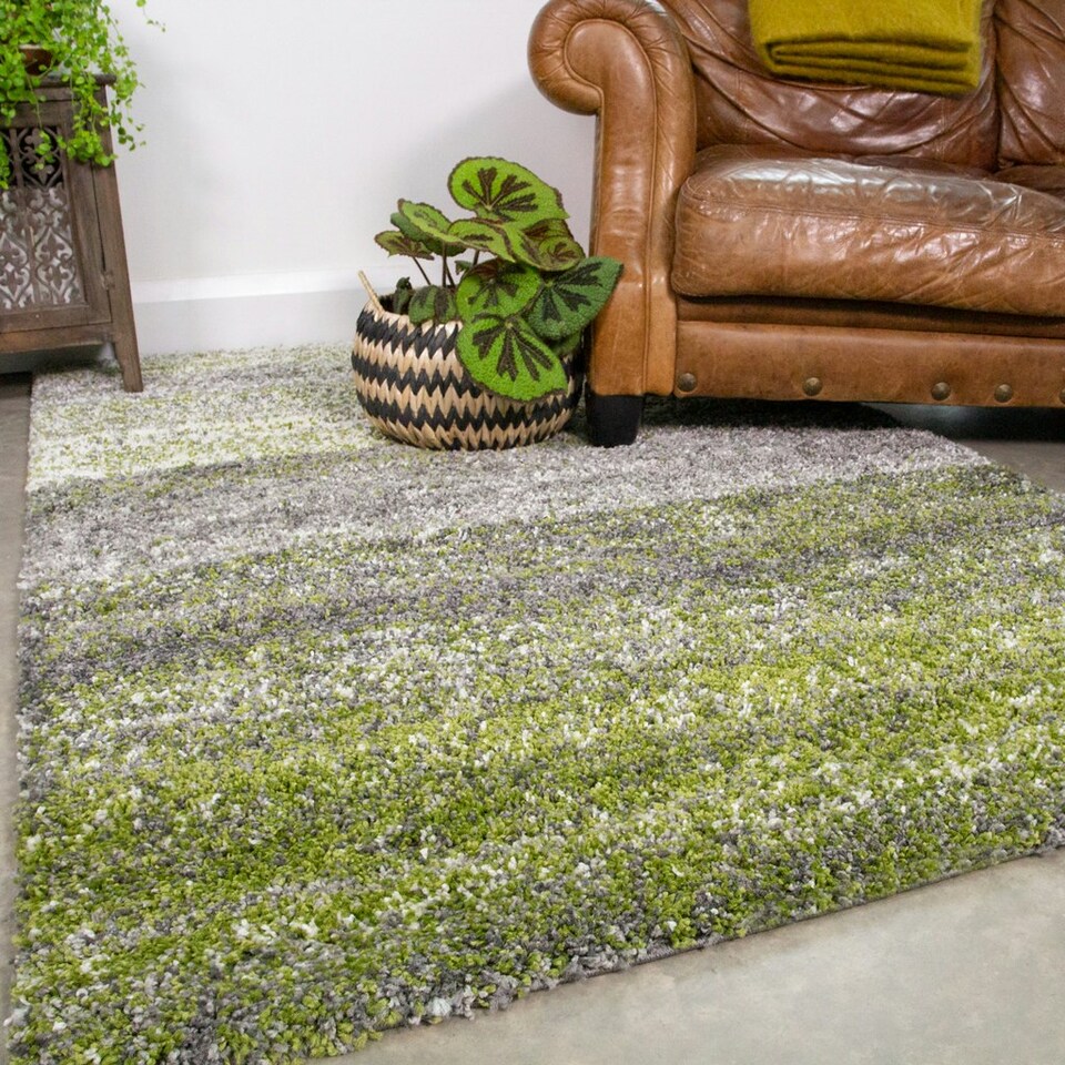 image 1 of KUKOON Dark Green Striped Mottled Shaggy Area Rug 200cm x 290cm
