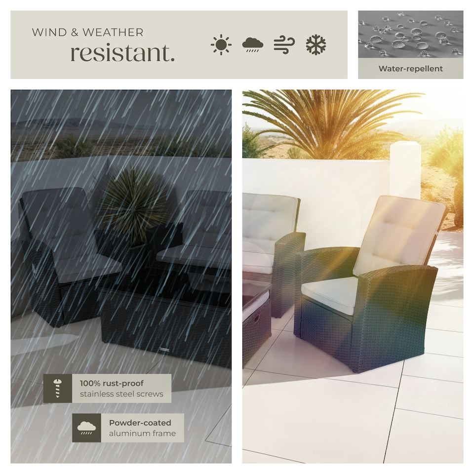 image 1 of Garden Furniture Set Bari - outdoor sofa, 2 reclining armchairs, 2 footstools, table - Black