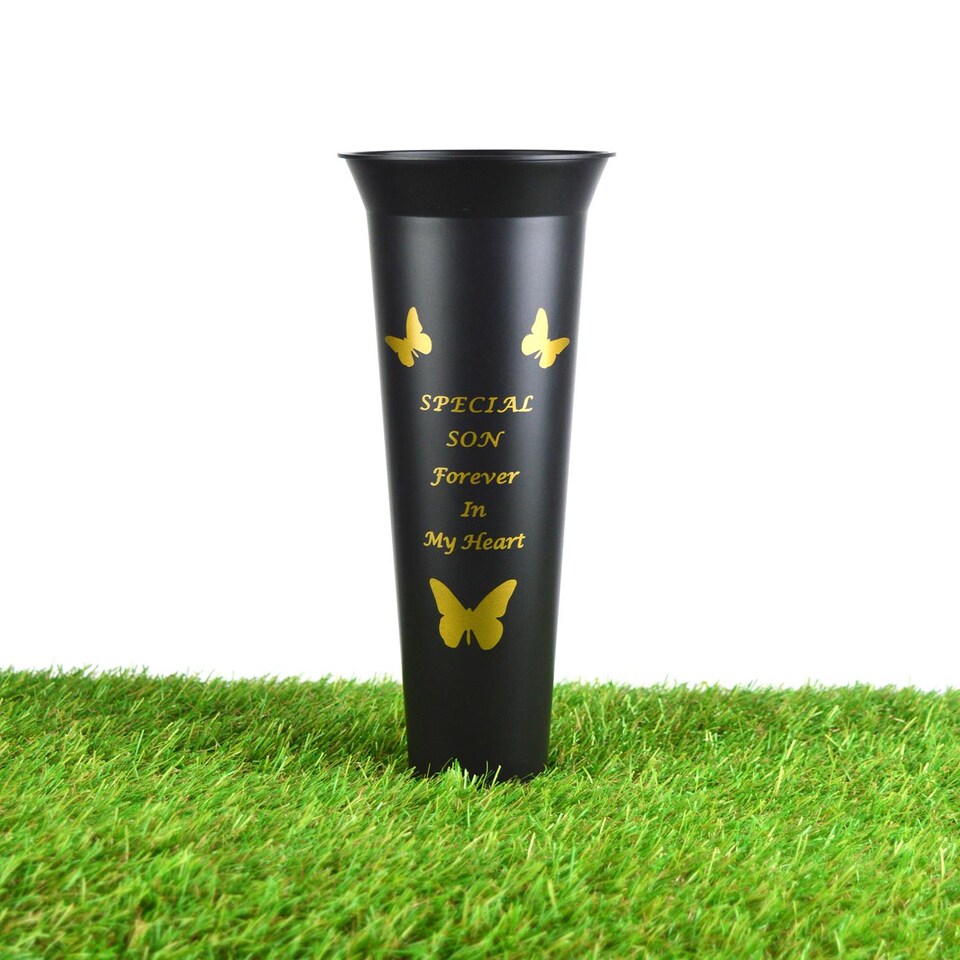 image 1 of Son Plastic Spike Memorial Graveside Flower Vase With Butterfly Decoration