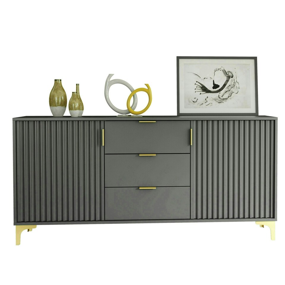 image 1 of Bold sideboard 140cm grey ribbed fronts gold accents Grey