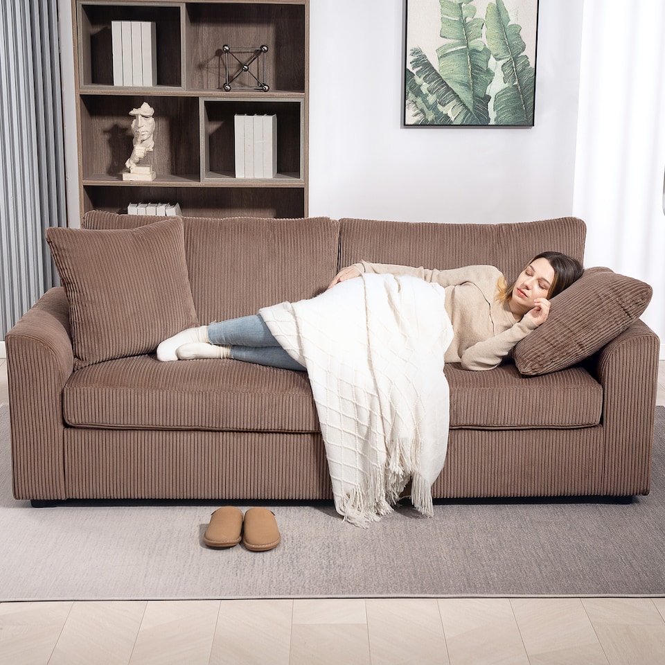 image 1 of HOMCOM 212 cm Upholstered Jumbo Cord Sofa Couch with Spring Cushion, Coffee | Brown | Brown