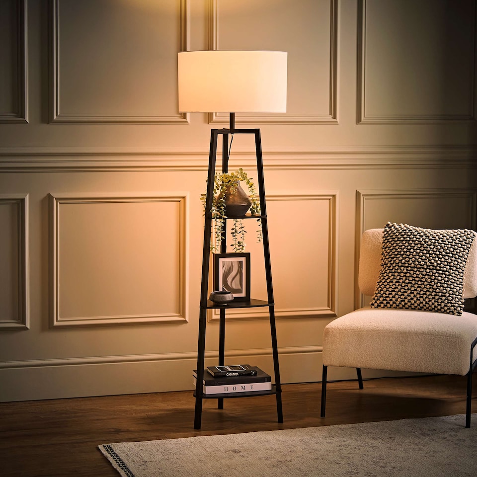 image 1 of ValueLights Hiru Black 3 Tier Shelf Floor Lamp with Black Shade | Black