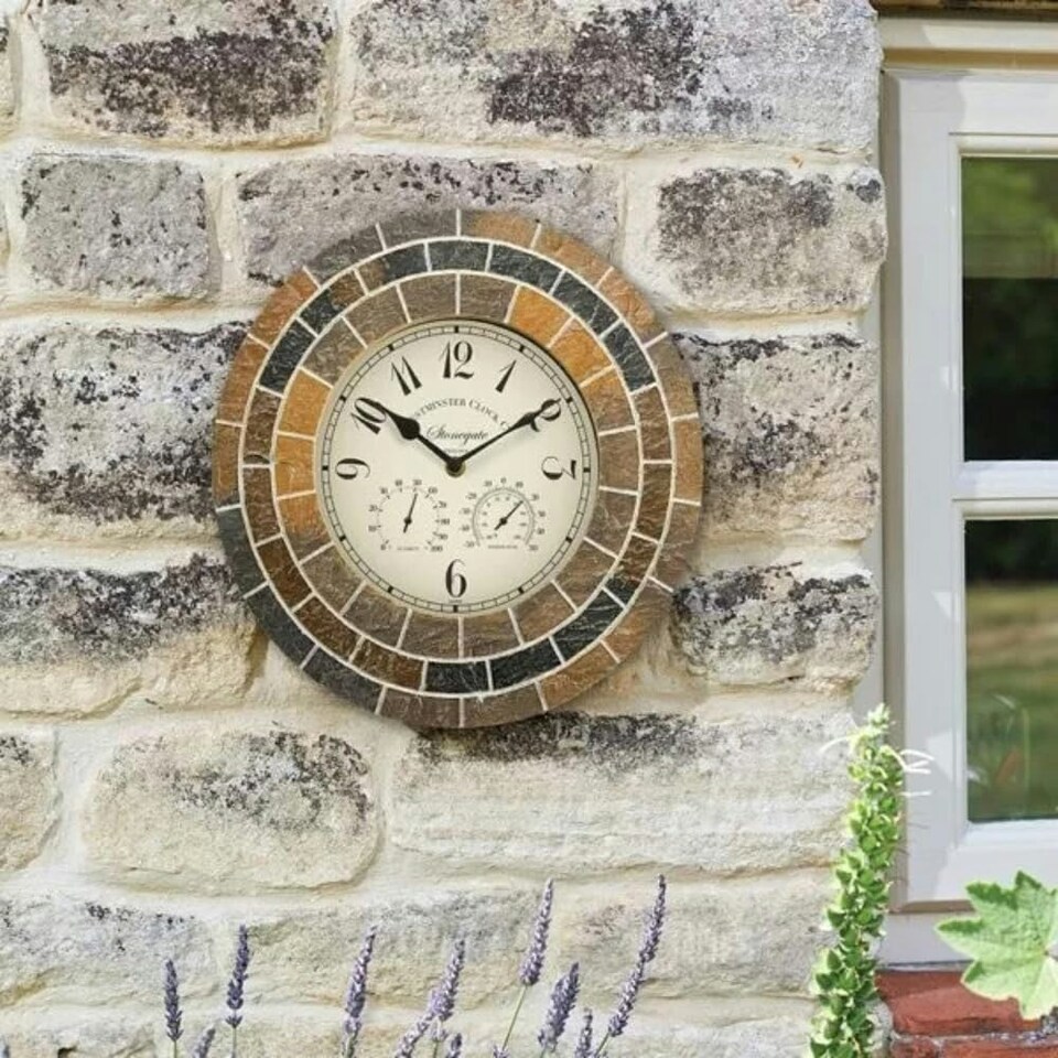 image 1 of Marco Paul 34cm Stone Slate Outside Clock and Thermometer | Multi