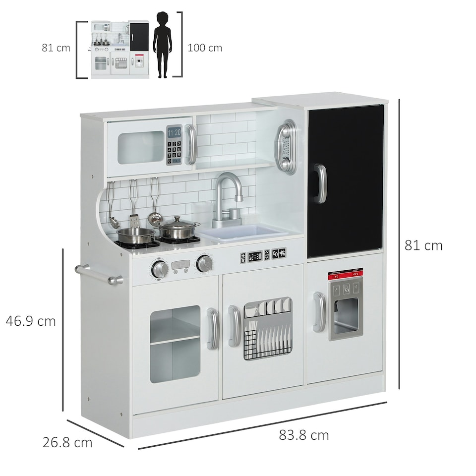 image 1 of AIYAPLAY Play Kitchen, Pretend Toy Kitchen with Toy Phone, Chalkboard, White