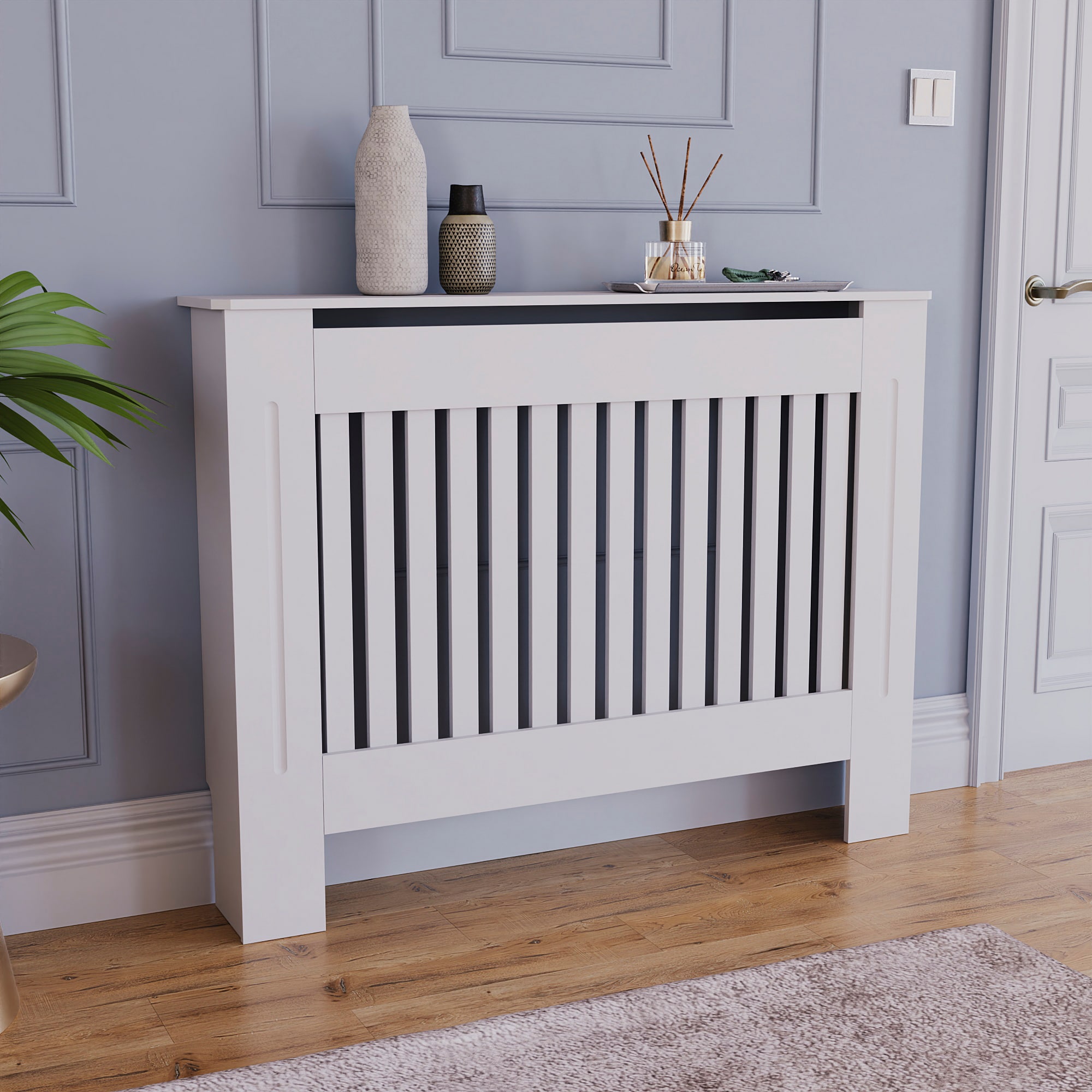 Vida Designs Chelsea Radiator Cover Painted MDF Slatted Cabinet, White, 112cm