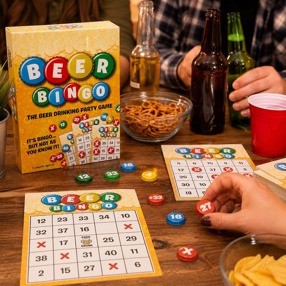 image 1 of Beer Bingo Drinking Game  Adult Party Game with Bingo Cards & Bottle Caps Fun Games Night for Friends - Beers Not Included