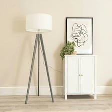 ValueLights Jackson Grey Wood Tripod Floor Lamp with White Fabric Lamp Shade
