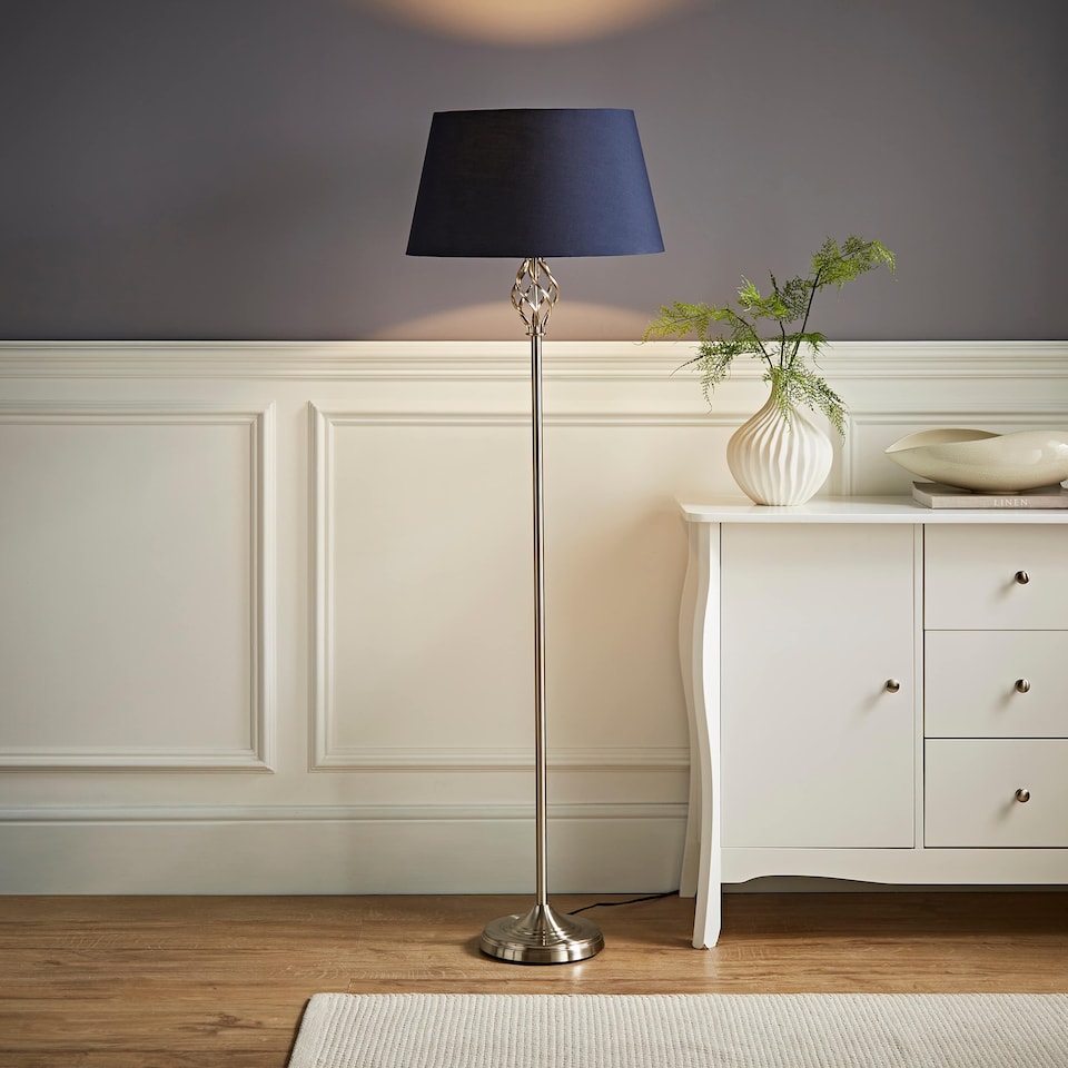 image 1 of ValueLights Memphis Twist Brushed Chrome Floor Lamp Navy Blue Shade | Blue