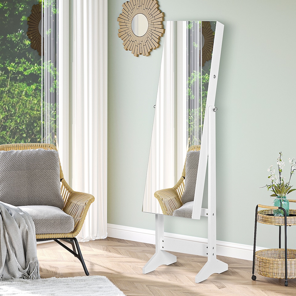 image 1 of HOMCOM Jewelry Cabinet Standing Mirror Full Length Makeup Lockable Armoire Storage Organizer White