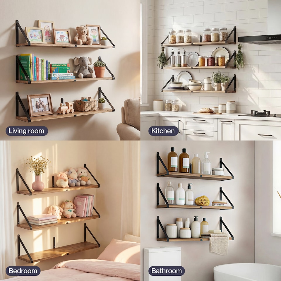image 1 of Levede Floating Shelves Wall Mounted Book Shelves for Wall Set of 3 Natural