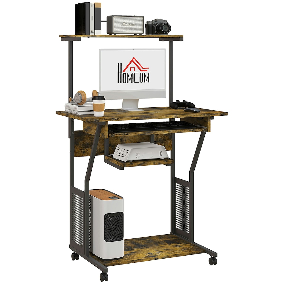 image 1 of HOMCOM Rolling Computer Desk with Keyboard Tray Storage Shelves Rustic Brown