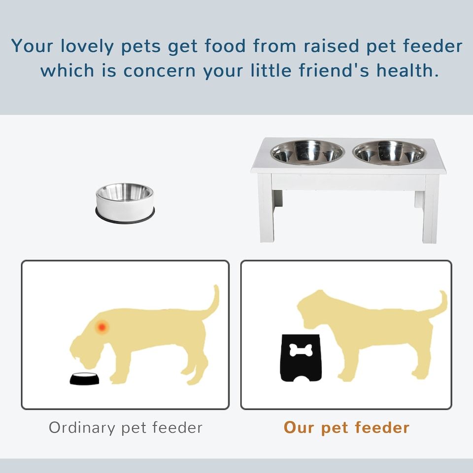 image 1 of PawHut Raised Dog Bowls Pet Feeder Raised Elevated Stainless Steel Food White