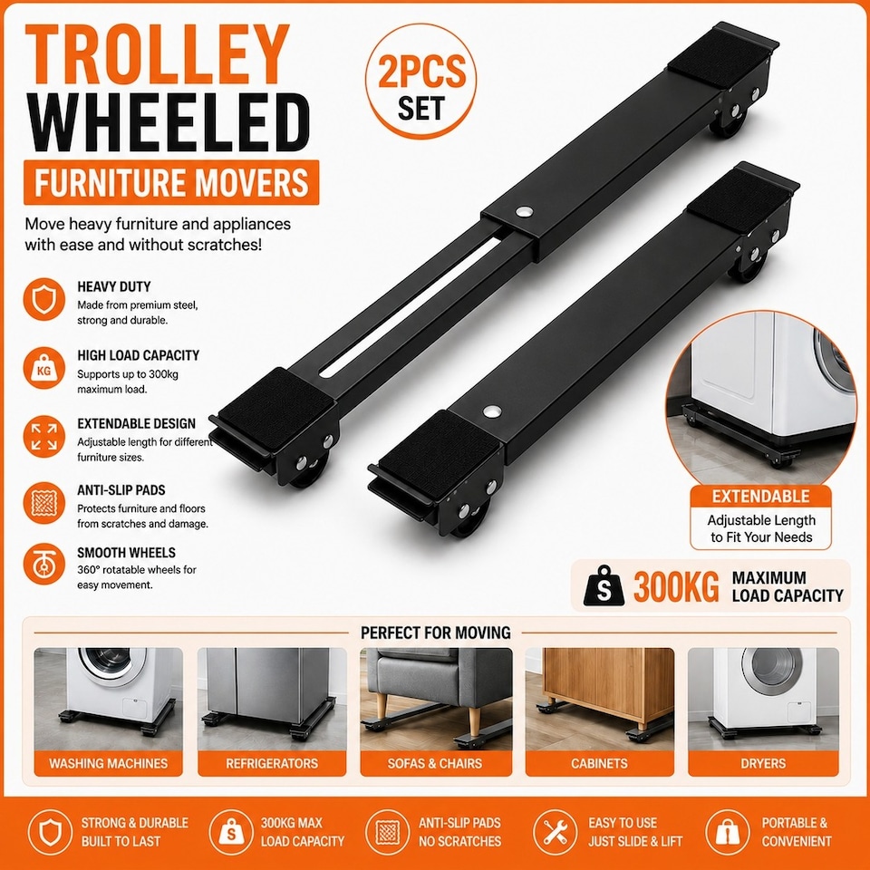 image 1 of 2Pcs Adjustable Appliance Rollers Black Furniture Moving Castor Wheels Washing Machines Fridges & Dishwashers Sliders 300kg Load