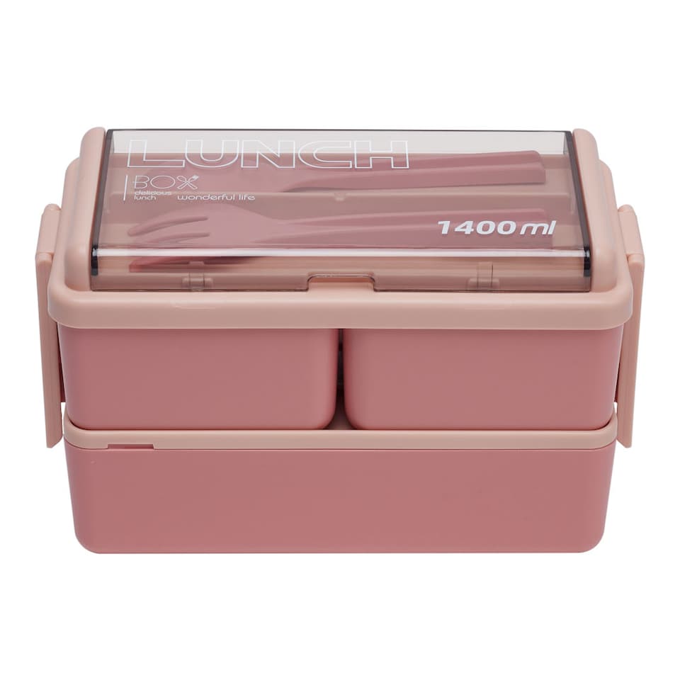 image 1 of Living and Home Dual-Layer Plastic Bento Lunch Box with Cutlery | Pink