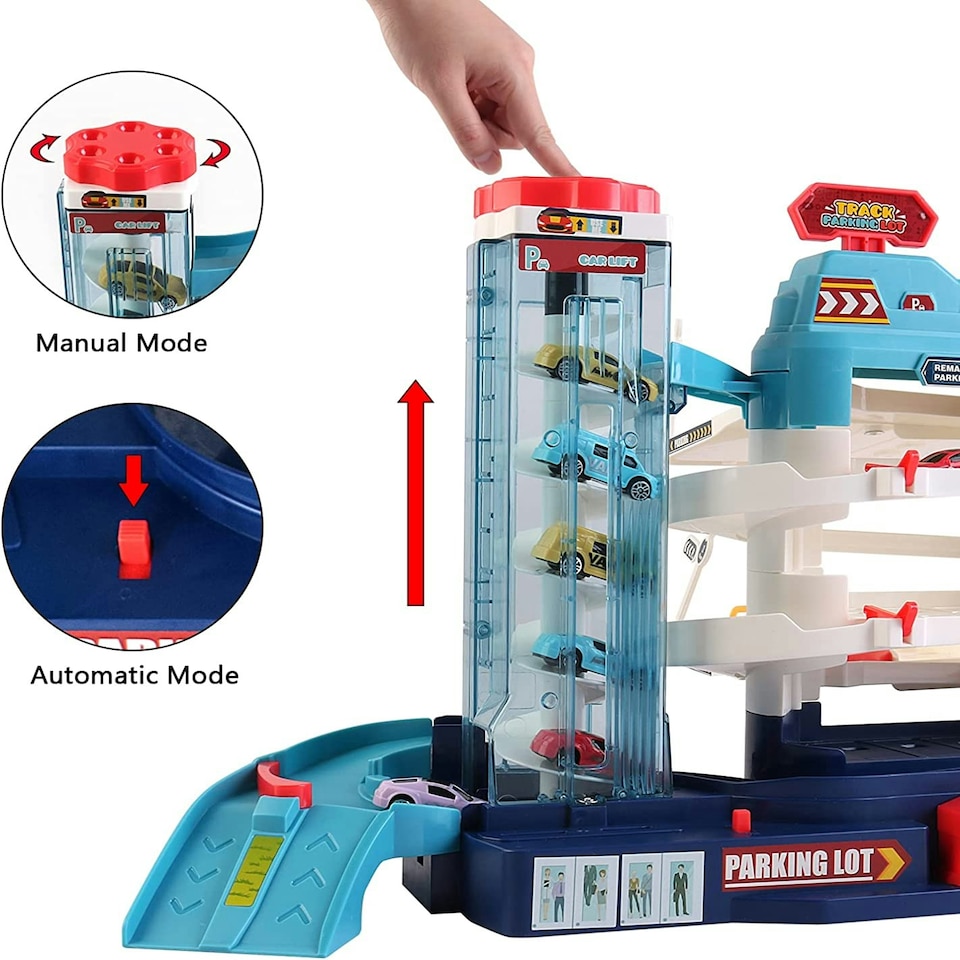 image 1 of 2-in-1 Garage Track Set with Elevator, 12 Mini Cars, Music & Lights – Kids Car Playset for Ages 3+