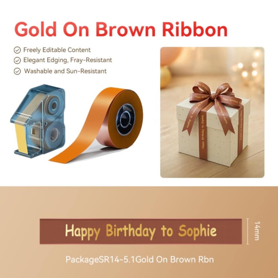 image 1 of NIIMBOT N1 Printable Satin Gift Ribbon 14mm x 5.1m Gold on Brown Ribbon