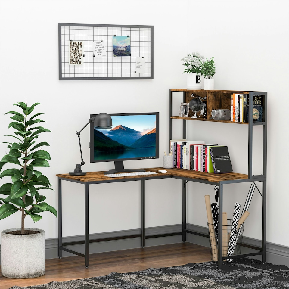 image 1 of HOMCOM Industrial L-Shaped Work Desk & Storage Shelf Steel Frame Adjustable Feet