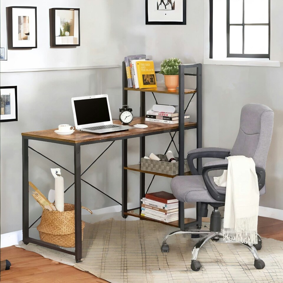 image 1 of 97CM Wide Computer Desk With 3 Shelves Rustic Brown Brown